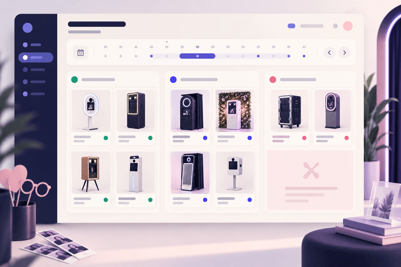 Illustration d’un parc de photobooths avec ses disponibilités et maintenances