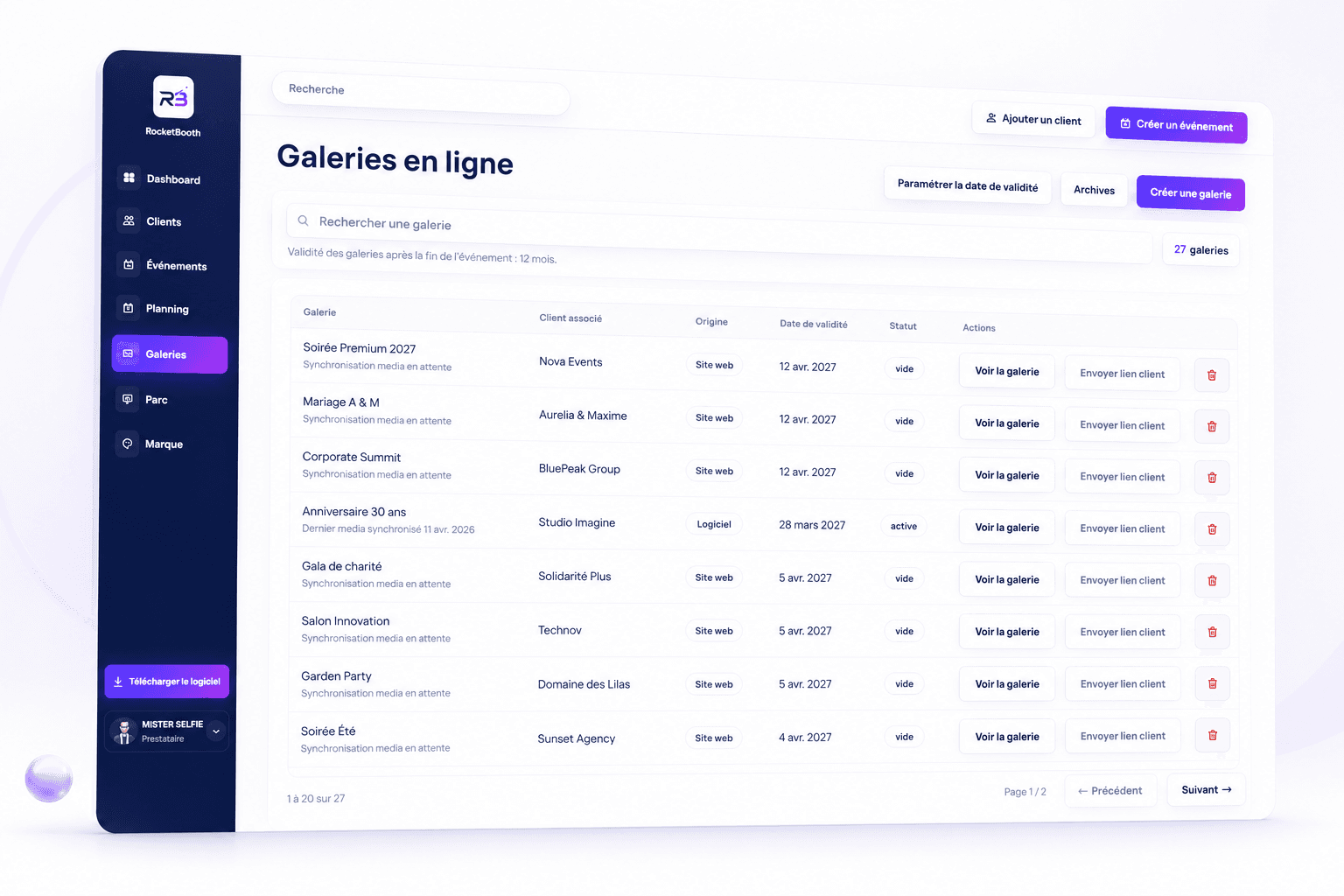 Illustration de la gestion des galeries RocketBooth avec les événements, les clients associés et les liens de partage