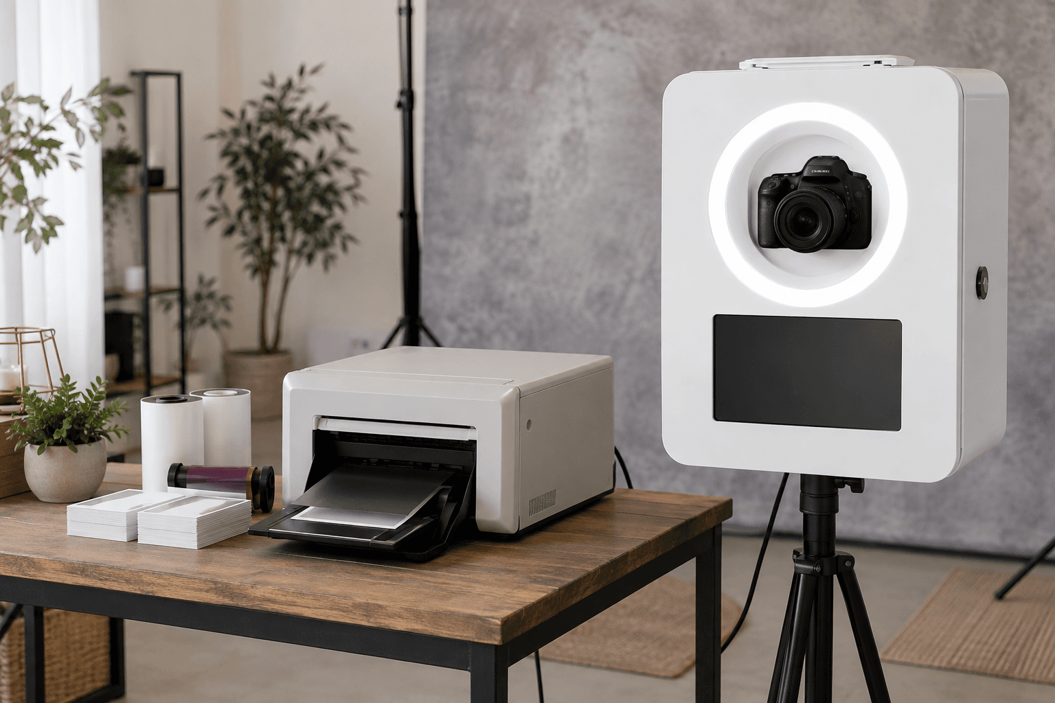 Matériel professionnel pour photobooth avec borne photo, appareil reflex, imprimante photo et consommables