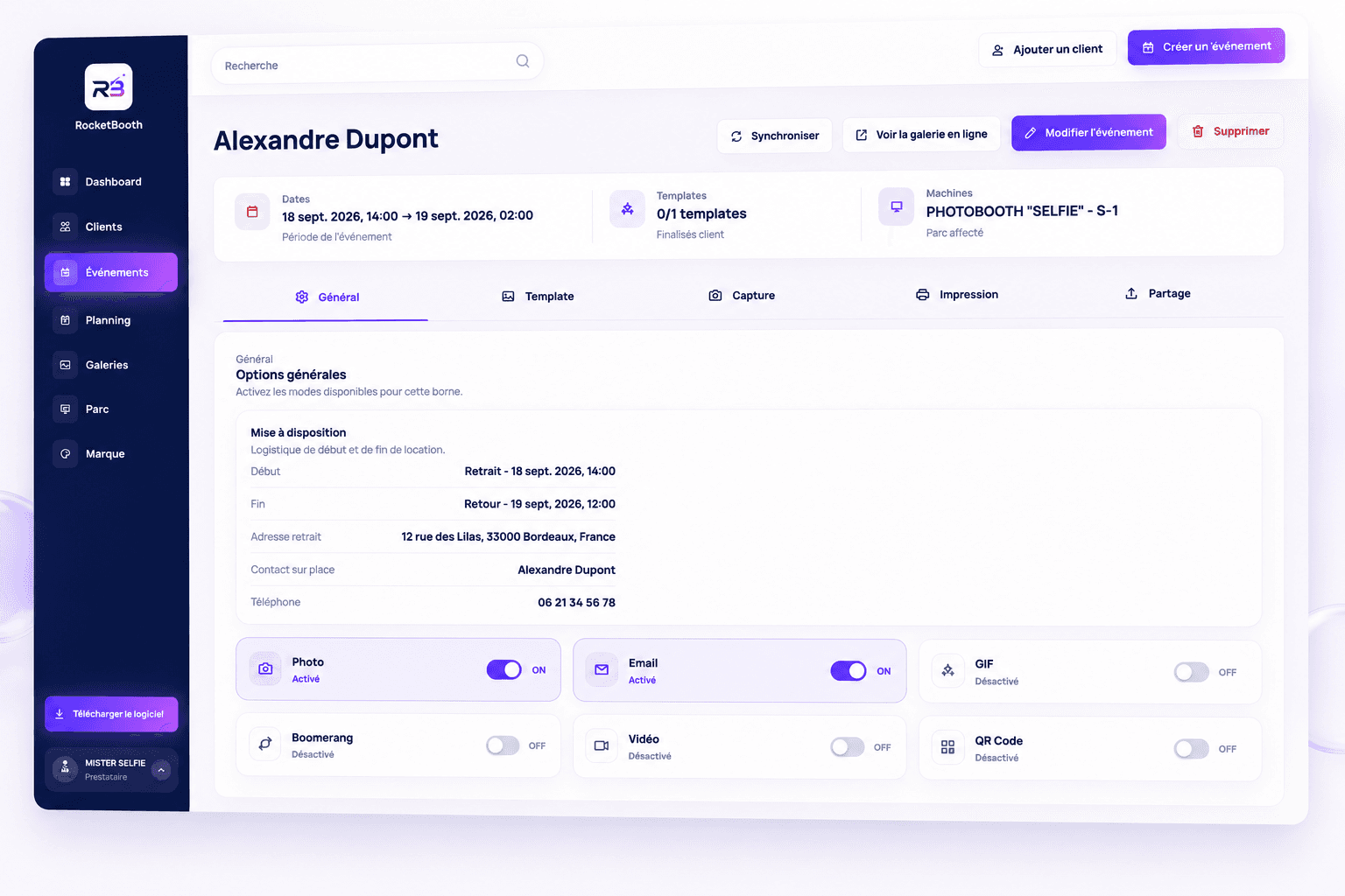 Illustration des réglages d’un événement RocketBooth : général, template, capture, impression et partage
