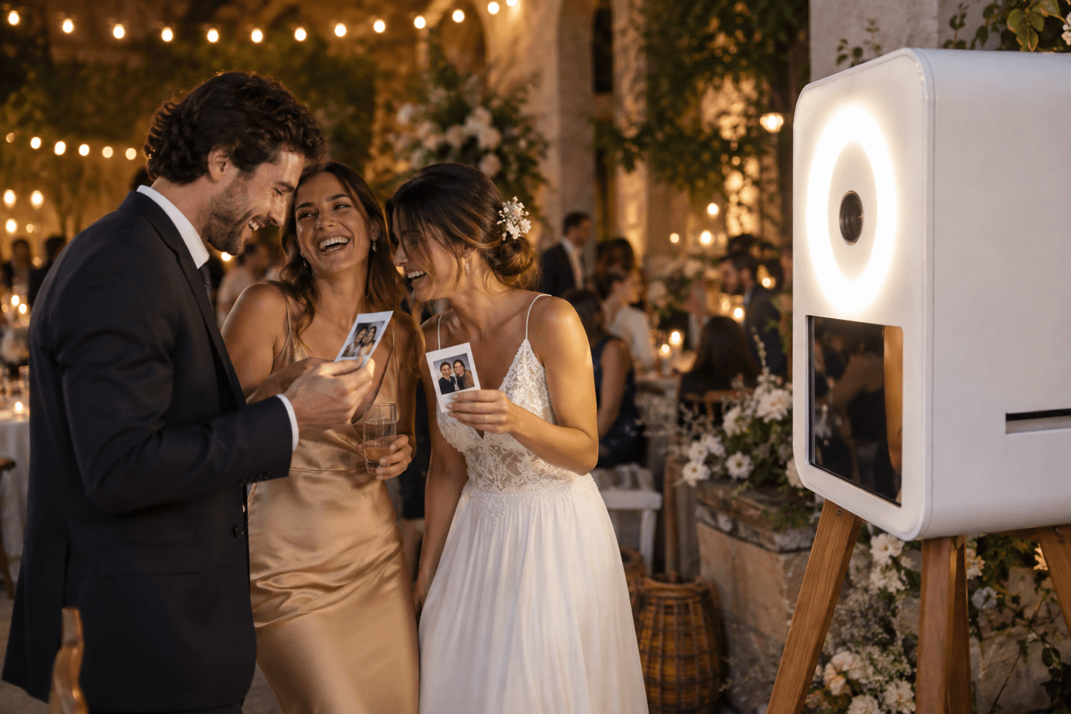 Invités profitant d’une prestation photobooth lors d’un mariage