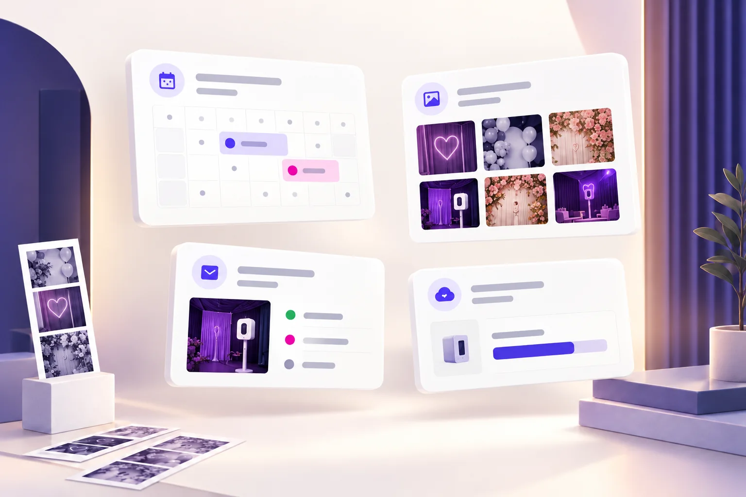 Illustration de repères distincts pour les événements, galeries, emails et quotas